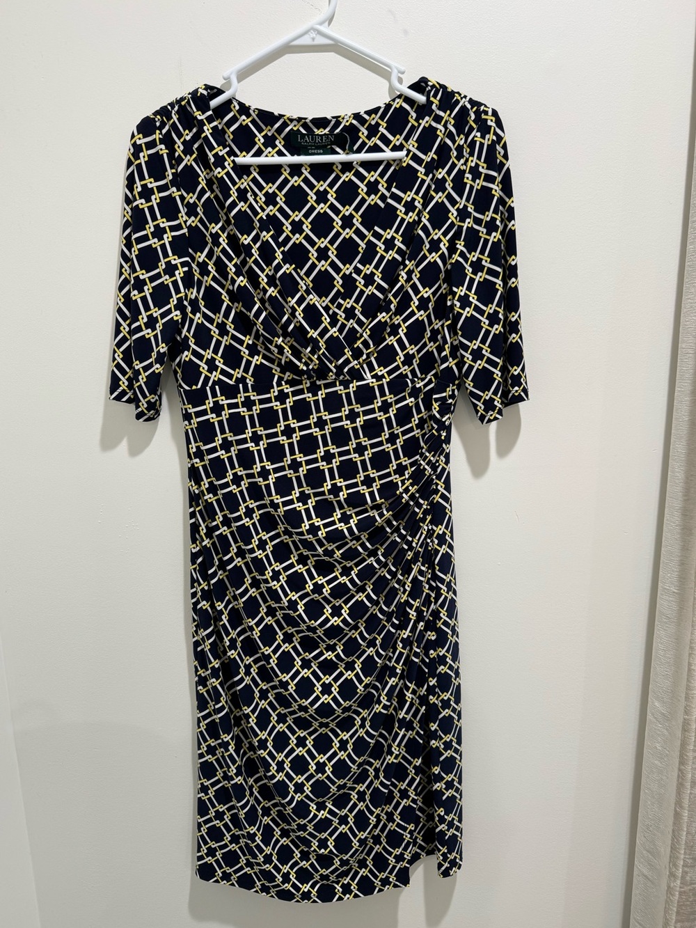 Lauren Ralph Lauren Navy Chain Print Ruched Sheath Dress Short Sleeveâ Size 8